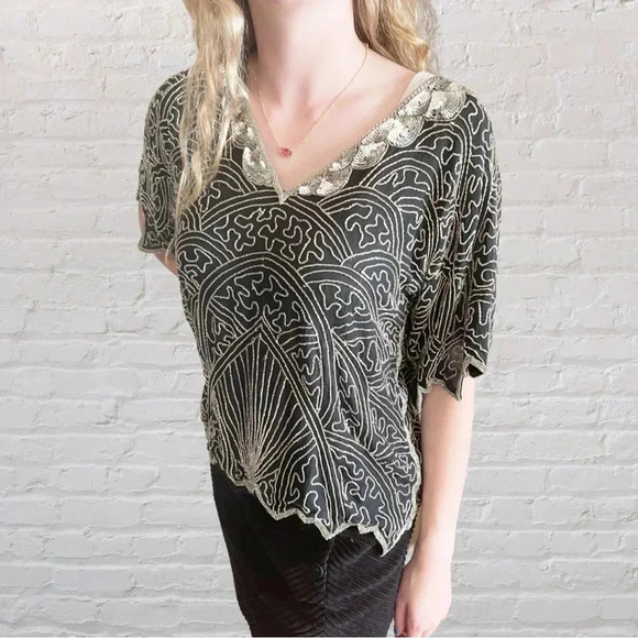 * Vintage black and silver beaded Art Deco blouse - Picture 4 of 11